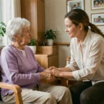 Une femme âgée et sa fille adulte se tenant la main dans une chambre d'EHPAD chaleureuse, illustrant l'accompagnement familial lors de l'entrée en maison de retraite