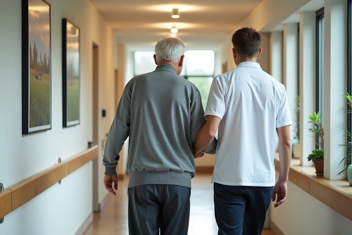 Personne âgée accompagnée par un soignant dans le couloir d'une maison de retraite, symbolisant l'accompagnement lors d'un placement en urgence