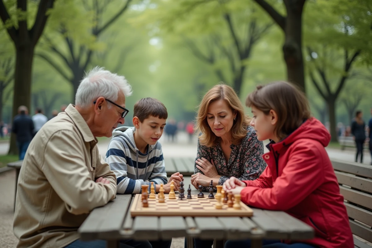Un groupe mêlant seniors et enfants joue aux échecs dans un parc, symbole de lien intergénérationnel et d'activité partagée en plein air
