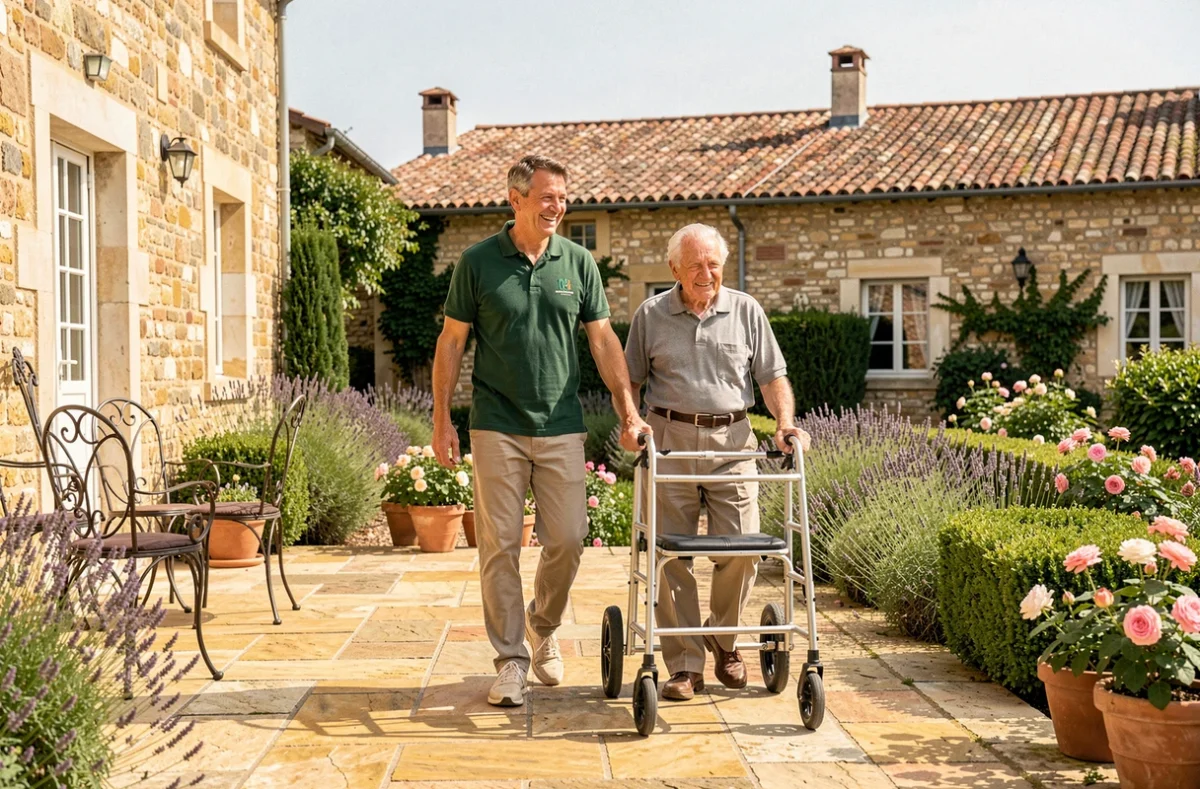 Un intervenant d'AD Seniors Périgord accompagnant un homme âgé avec un déambulateur sur la terrasse de son domicile à Périgueux