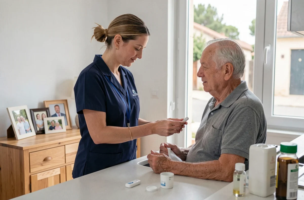 Une auxiliaire de vie spécialisée d'ADHAP Services Bergerac accompagnant un senior dans la prise de médicaments à son domicile