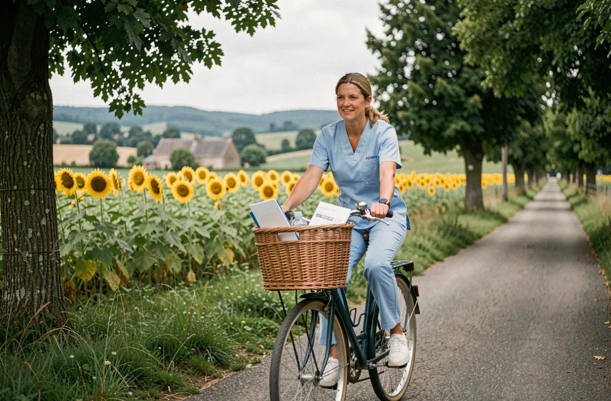 Une aide à domicile de l'ADMR Dordogne se déplaçant à vélo sur un chemin rural en Périgord pour visiter un bénéficiaire