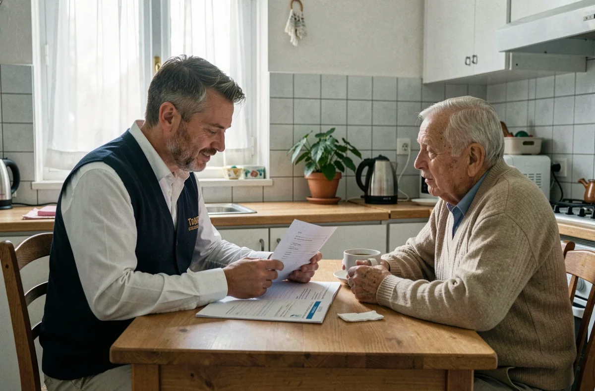 Intervenant ADMR discutant du planning de soins avec un bénéficiaire âgé dans une cuisine