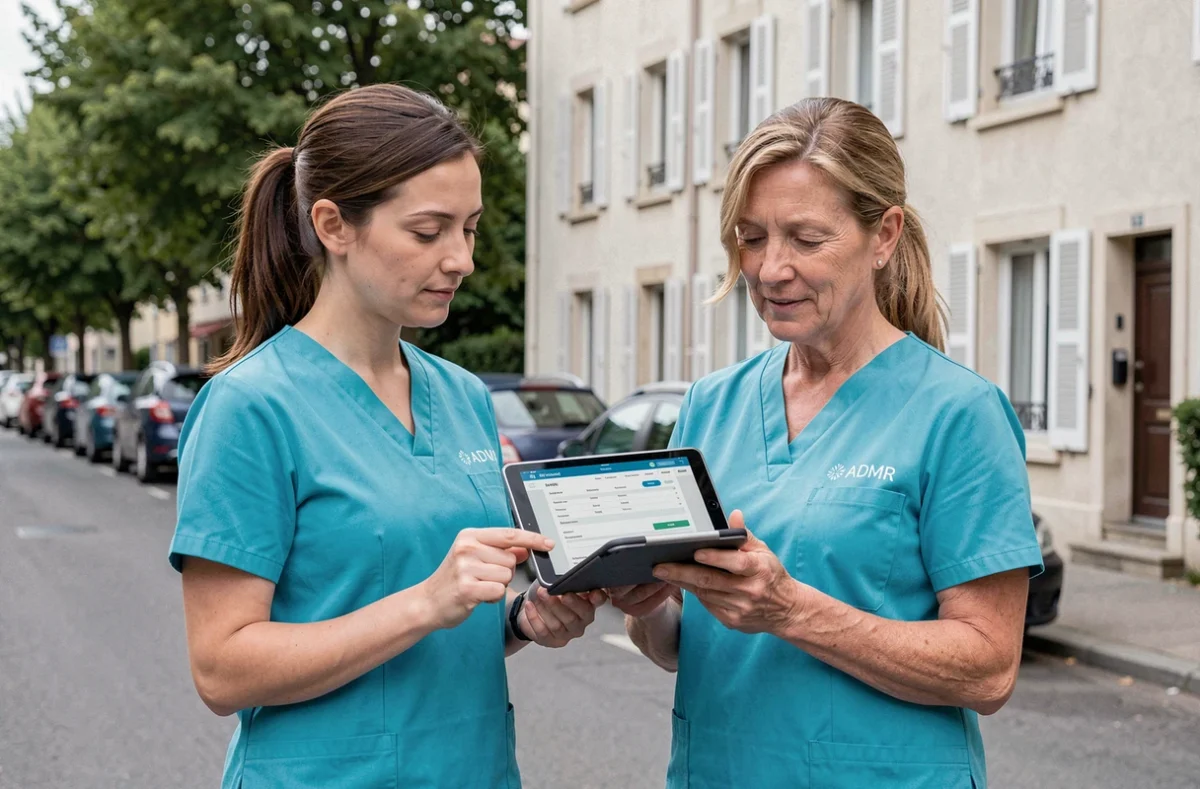 Deux intervenantes ADMR consultant un planning tarifaire sur tablette devant un immeuble résidentiel