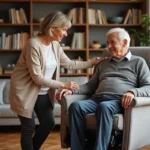 Aidante familiale aidant un senior à se lever d'un fauteuil releveur remboursé par la Sécurité sociale dans un salon confortable