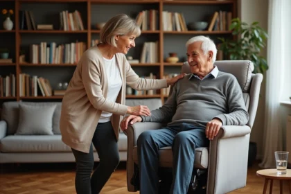 Aidante familiale aidant un senior à se lever d'un fauteuil releveur remboursé par la Sécurité sociale dans un salon confortable
