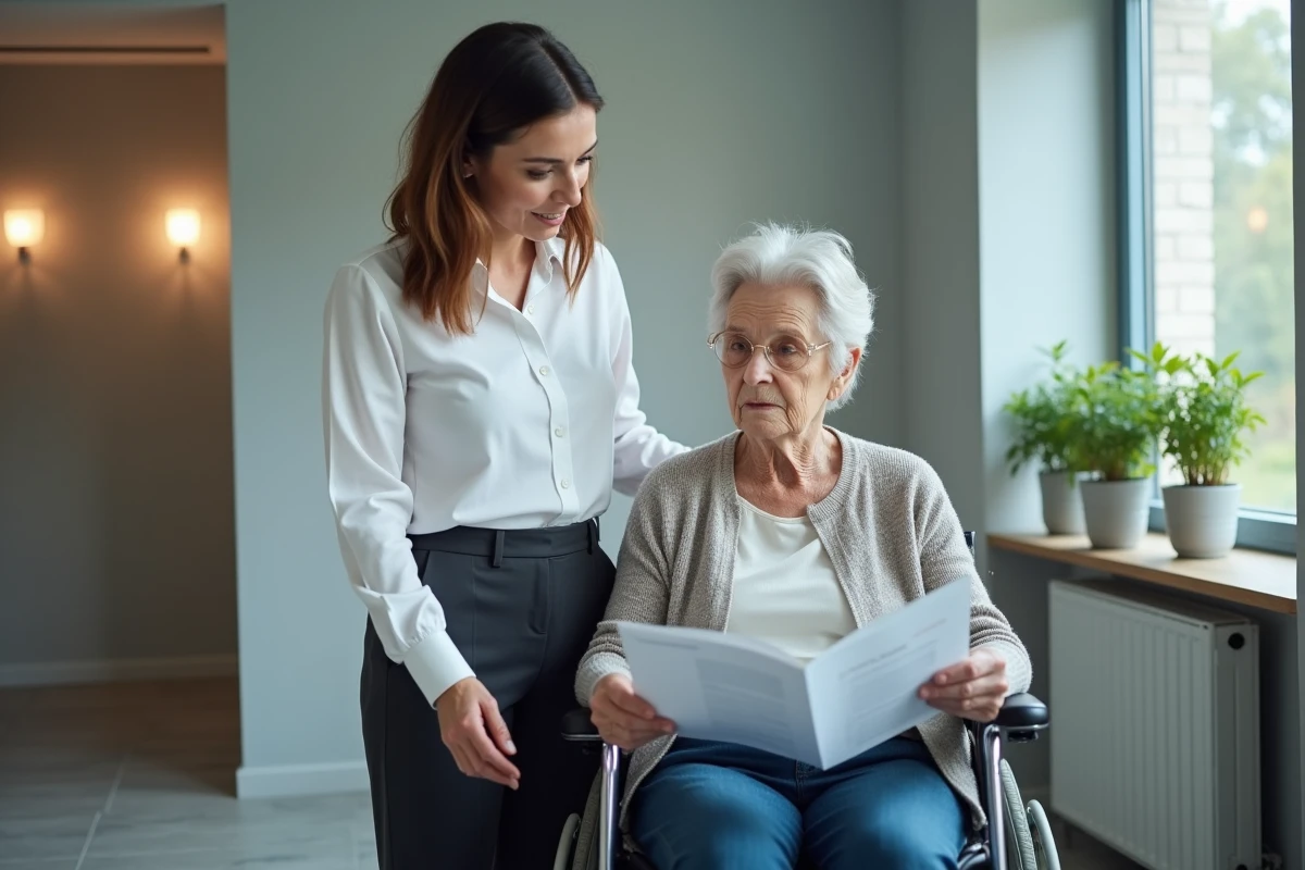 Aidante familiale et personne sous curatelle consultant des informations dans un service social