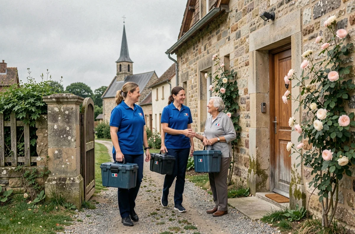 Des intervenants du service public d'aide à domicile du Département de la Dordogne arrivant au domicile d'une personne âgée en milieu rural