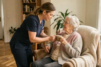 Aide à domicile professionnelle accompagnant une personne âgée dans son appartement à Nantes