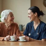 Aide à domicile senior Philomène partageant un moment de thé et de conversation avec une dame âgée dans une cuisine familiale chaleureuse