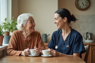 Aide à domicile senior Philomène partageant un moment de thé et de conversation avec une dame âgée dans une cuisine familiale chaleureuse
