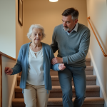 Femme âgée aidée par un homme dans un intérieur chaleureux