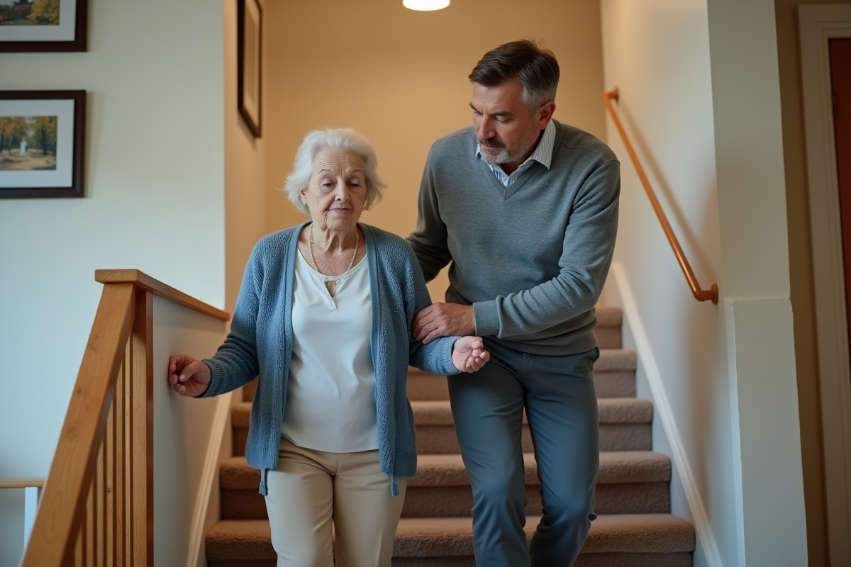 Femme âgée aidée par un homme dans un intérieur chaleureux
