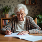 Femme agee remplissant papiers d'aide financiere