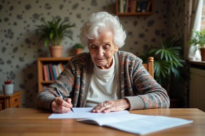 Femme agee remplissant papiers d'aide financiere