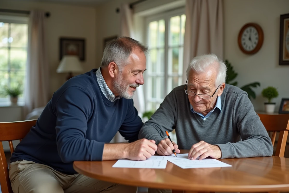 Aide soignant aidant un senior à organiser ses médicaments