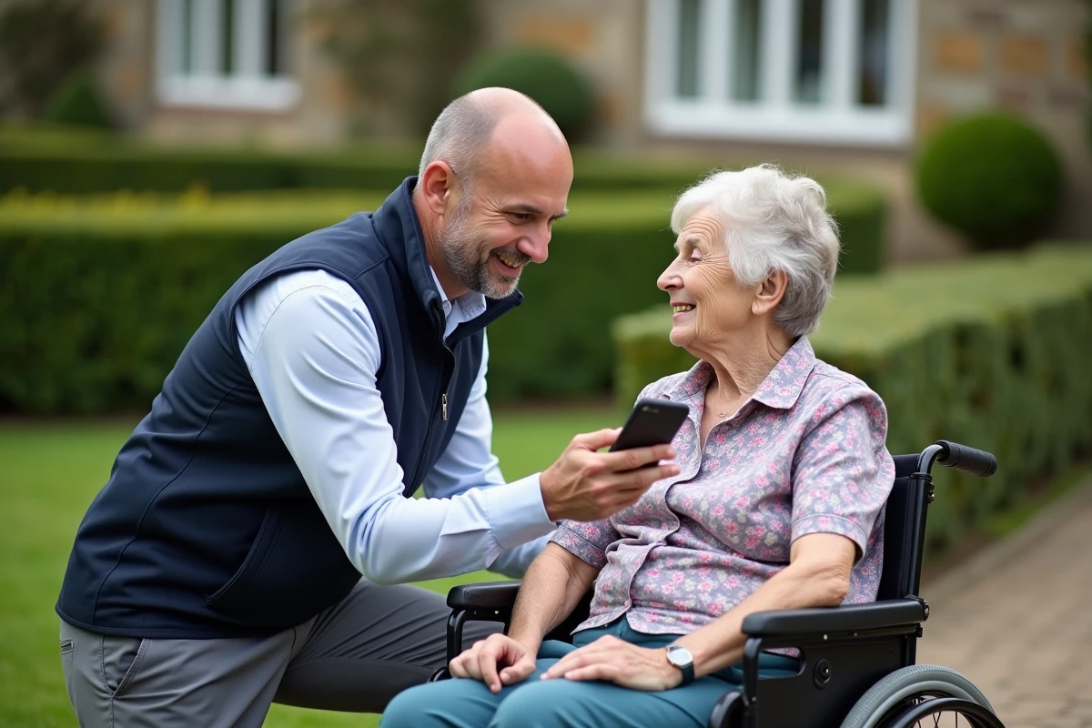 Aide-soignant consultant une application mobile de suivi patient auprès d'une résidente en fauteuil roulant dans le jardin d'un EHPAD