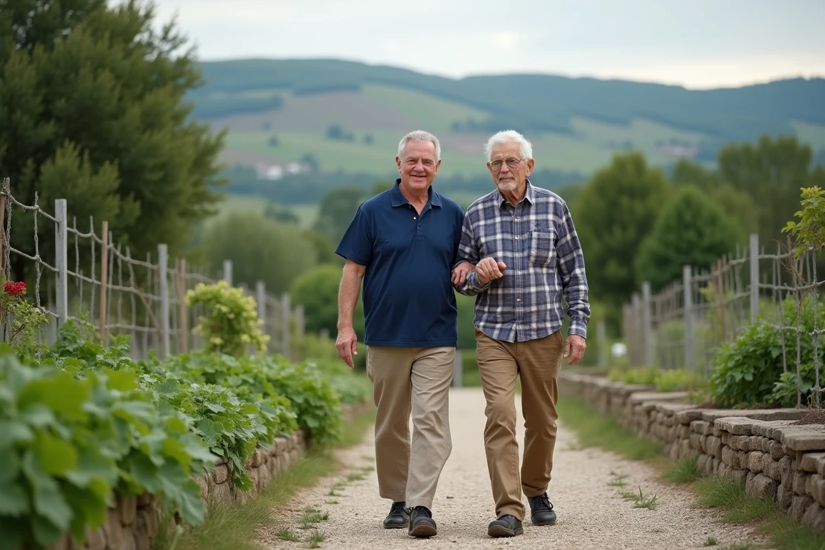 Aide-soignant accompagnant un résident âgé atteint de démence dans un jardin rural avec vue sur la campagne