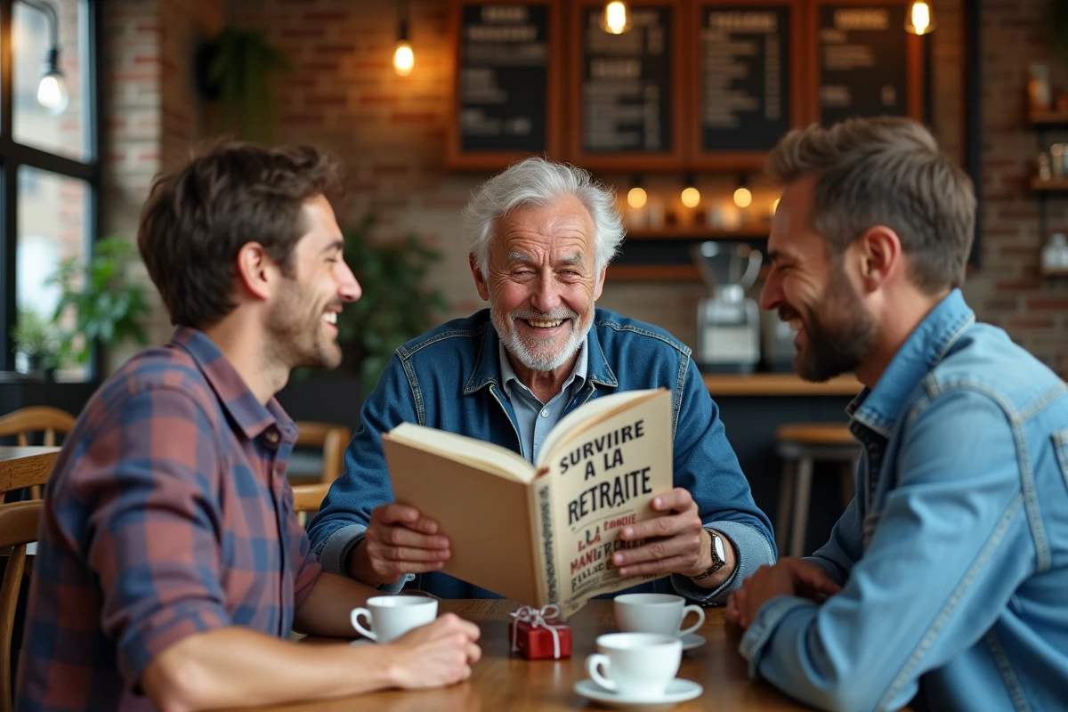 Groupe d'amis riant autour d'un livre humoristique lors d'un repas de départ à la retraite au café