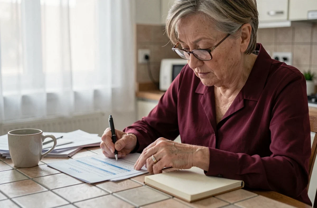 Une femme d'âge mûr analyse attentivement un document de tarification EHPAD chez elle avant de choisir un établissement à Nîmes