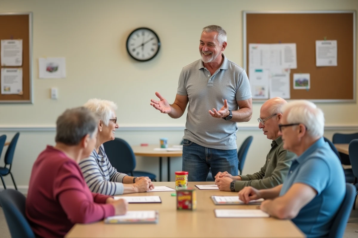 Animateur expliquant les règles d'un jeu de société à des participants seniors dans une salle d'activités