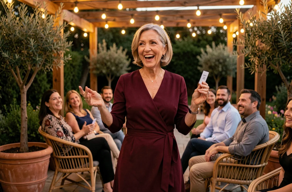 Femme animant un jeu de mime brise-glace lors d'une fête d'anniversaire 60 ans en terrasse