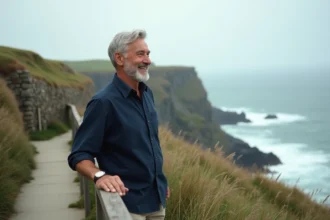 Homme de 70 ans sur un sentier côtier lors d'un week-end anniversaire en bord de mer