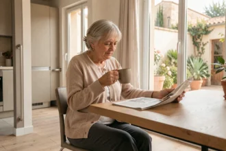 Femme âgée prenant le thé dans un appartement adapté Seniorhome à Nîmes