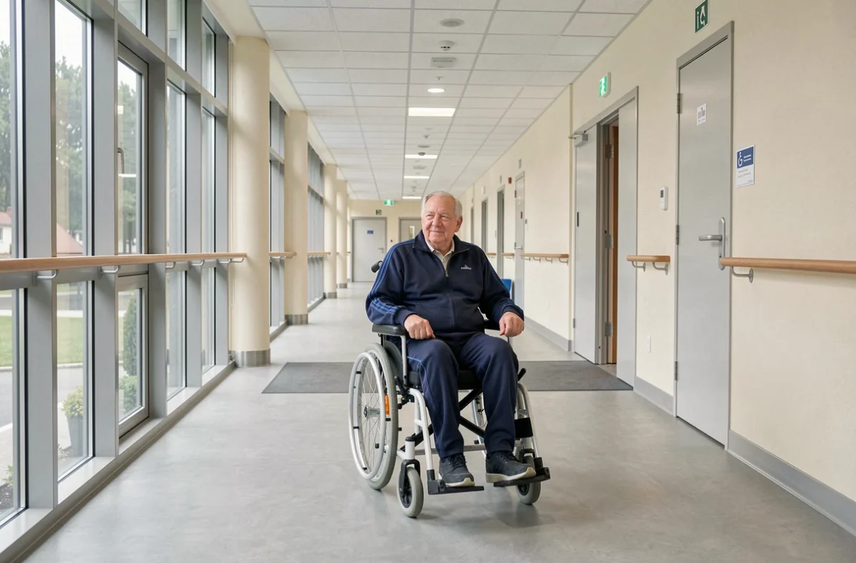 Résident senior en fauteuil roulant électrique circulant dans les couloirs accessibles de l'Appartement Mobicap Orléans, conçu pour les personnes à mobilité réduite