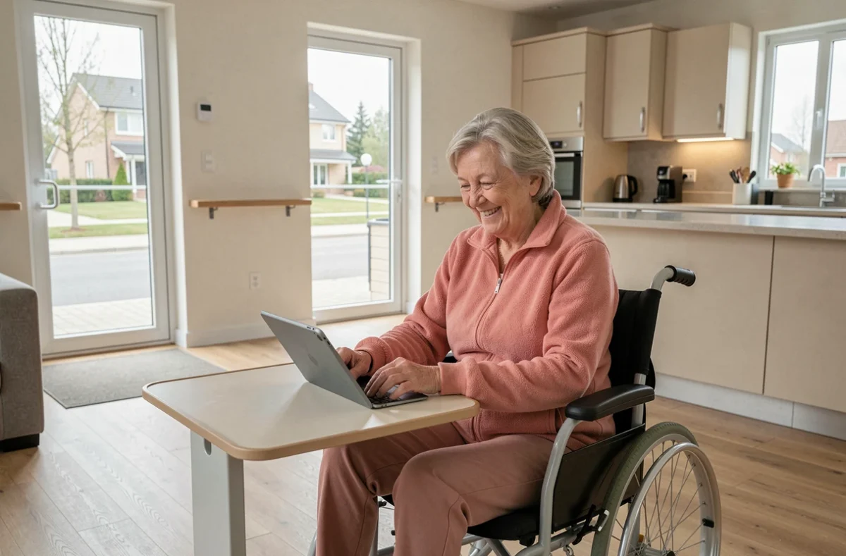 Résidente senior dans le salon adapté d'un Appartement Mobicap à Saran, avec aménagements accessibles et équipements pour personnes à mobilité réduite