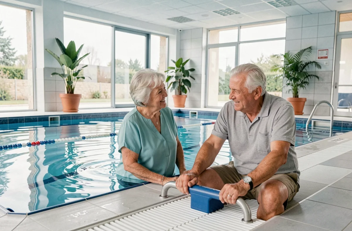 Couple de seniors profitant de l'espace aquatique de la résidence Aquarelia Montargis, avec piscine intérieure et activités de balnéothérapie