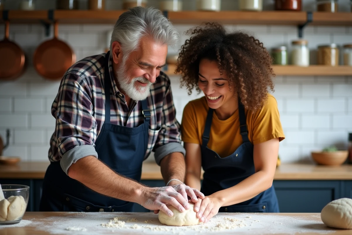 Un senior et une jeune femme pétrissent du pain ensemble dans une cuisine communautaire, illustrant le partage de savoir-faire entre générations