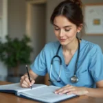 Auxiliaire de vie en formation consultant un classeur dans un bureau de structure d'aide à domicile