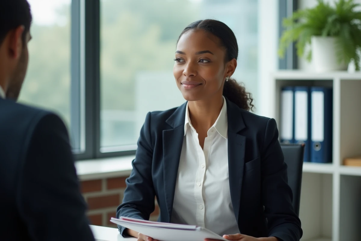Auxiliaire de vie lors d'un entretien d'évolution professionnelle dans un bureau administratif