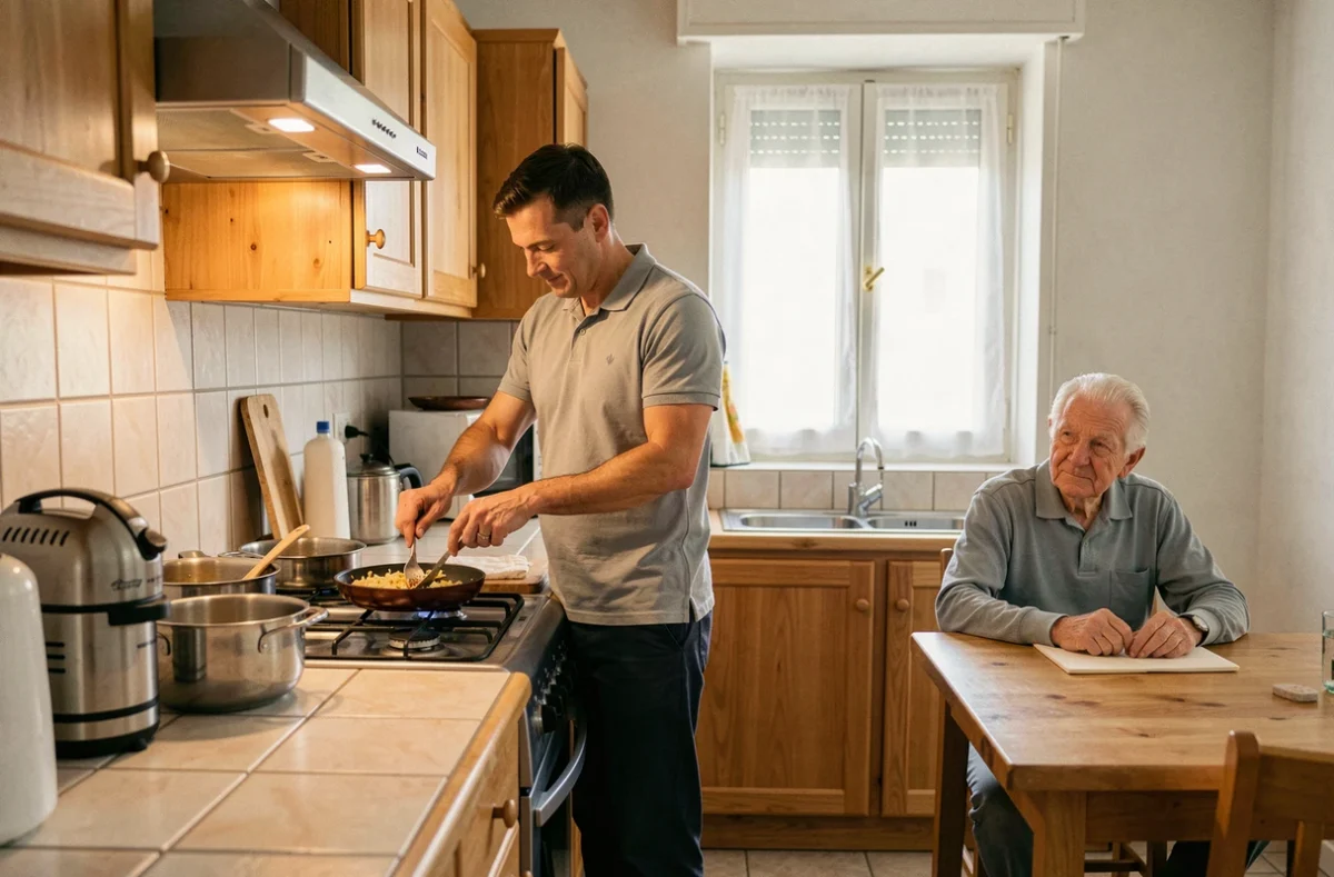 Auxiliaire de vie préparant un repas pour un senior à son domicile à Nantes