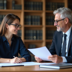 Jeune femme en blouse navy discute avec un avocat dans un bureau