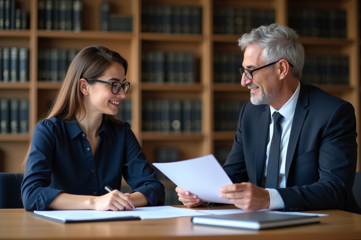 Jeune femme en blouse navy discute avec un avocat dans un bureau