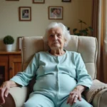 Femme âgée portant un babygro adulte bleu pastel assise dans un fauteuil confortable dans une chambre de maison de retraite