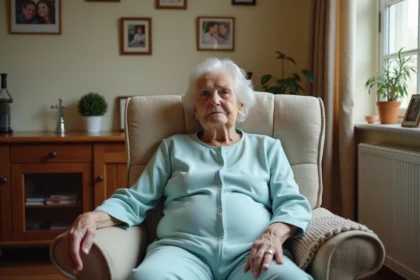 Femme âgée portant un babygro adulte bleu pastel assise dans un fauteuil confortable dans une chambre de maison de retraite