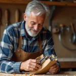 Homme de 60 ans bricoleur découvrant un cadeau d'outils de menuiserie dans son atelier en bois