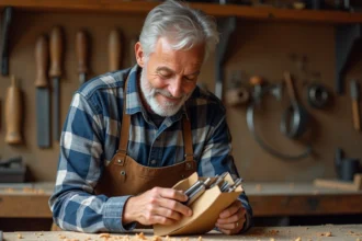 Homme de 60 ans bricoleur découvrant un cadeau d'outils de menuiserie dans son atelier en bois