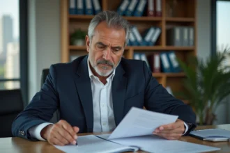 Cadre d'entreprise en fin de carrière examinant des documents liés à sa retraite dans un bureau professionnel