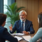 Cadre senior en costume marine partageant son expertise avec de jeunes collègues lors d'une réunion de conseil en entreprise moderne