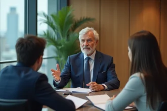 Cadre senior en costume marine partageant son expertise avec de jeunes collègues lors d'une réunion de conseil en entreprise moderne
