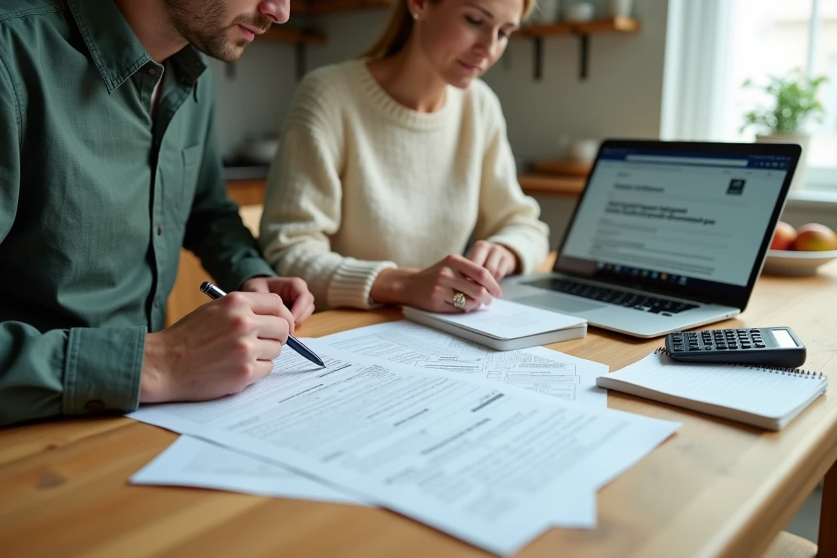 Deux adultes consultent des documents administratifs pour calculer la contribution financière des descendants aux frais d'hébergement en maison de retraite