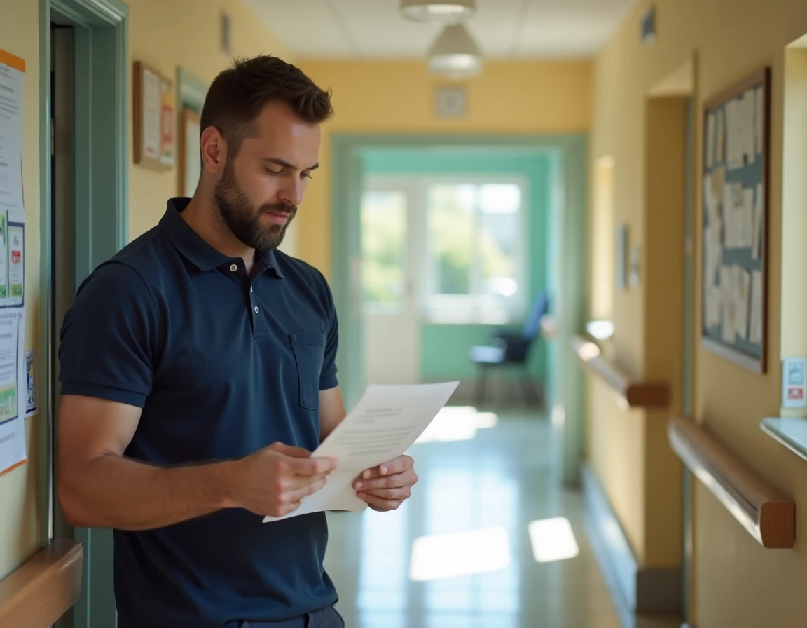 Candidat relisant sa lettre de motivation dans le couloir d'un établissement pour personnes âgées, préparant sa candidature pour un poste en EHPAD