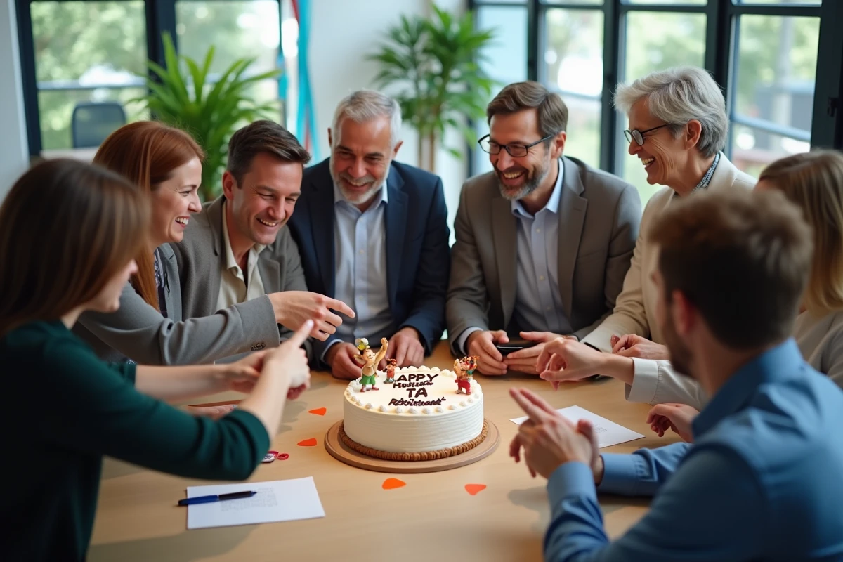 Groupe de collègues autour d un gâteau de retraite festif