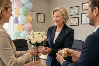 Collègues remettant des fleurs et un cadeau à une femme souriante lors de son départ à la retraite dans un bureau moderne