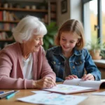 Une femme âgée et une adolescente créent un scrapbook ensemble dans un club intergénérationnel, illustrant le lien entre seniors et jeunes