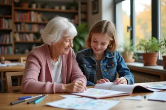 Une femme âgée et une adolescente créent un scrapbook ensemble dans un club intergénérationnel, illustrant le lien entre seniors et jeunes